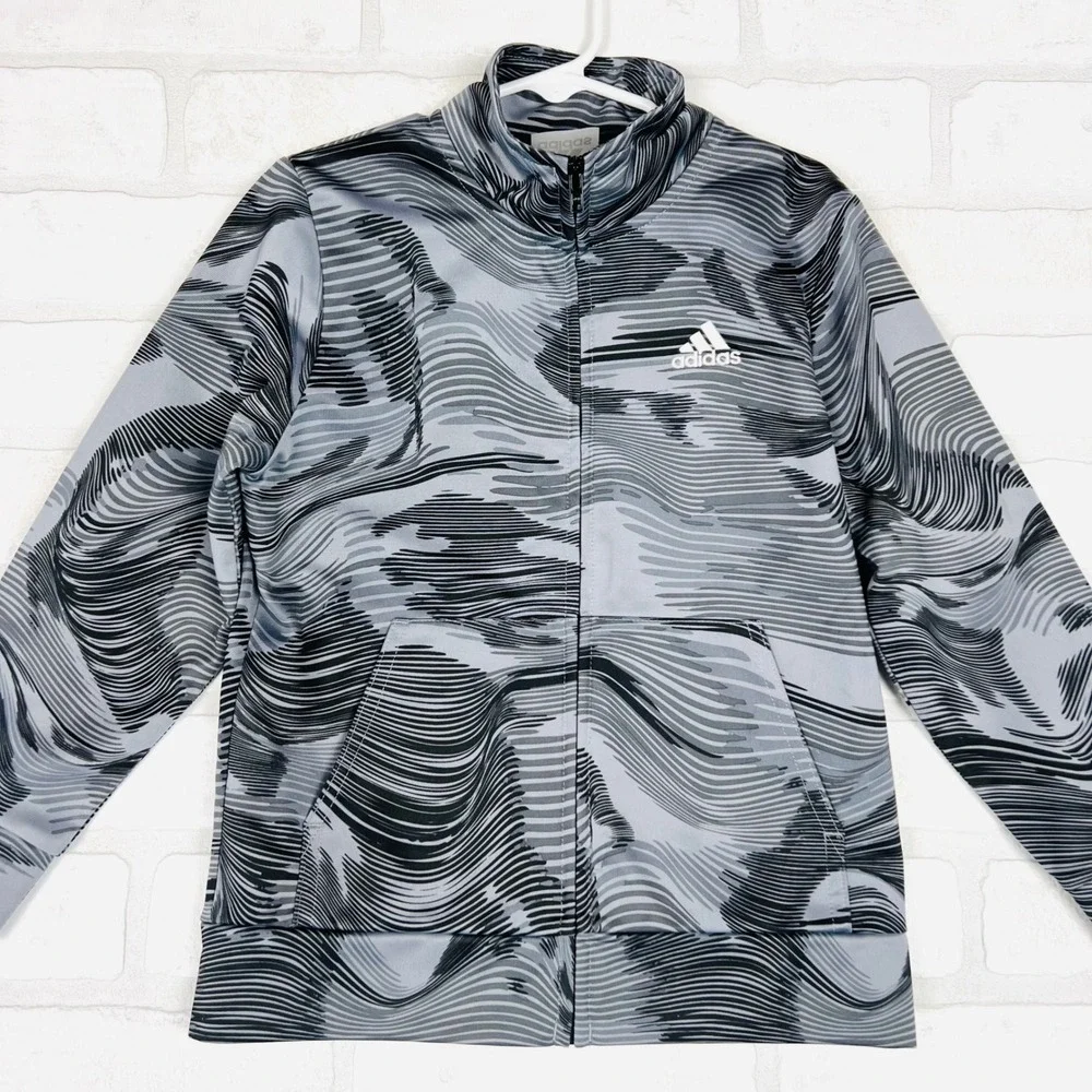 Adidas Boys Grey Black Wave Print Full Zip Track Jacket Size 5 Mock Neck‎